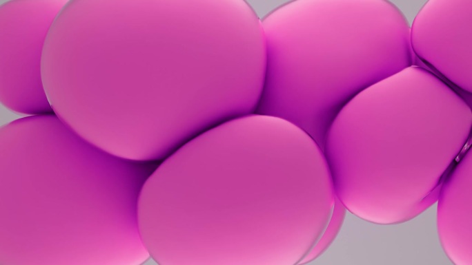 3d动画4K。抽象的背景与粉红色的球粘在一起。粉色的球体相互碰撞并改变形状。柔软的圆形飞行球。橡胶。