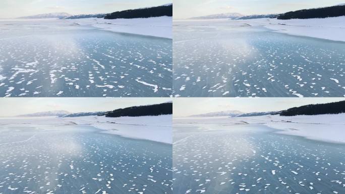 航拍赛里木湖蓝冰 冬季雪景