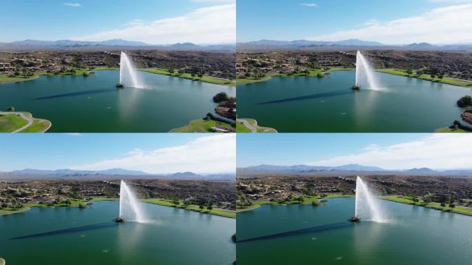 湖在中心喷泉山与全景山背景在亚利桑那州