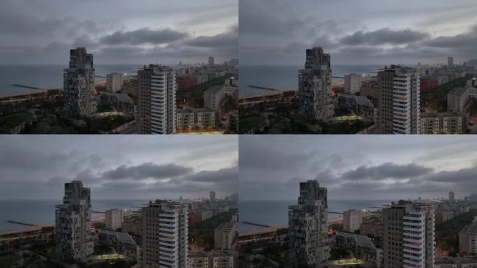 暮色照明巴塞罗那城市生活街区海滩海湾航拍全景4k西班牙