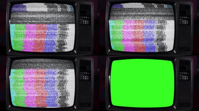 旧电视打开色度键绿色屏幕与静态噪音和色条。近距离，4K分辨率。