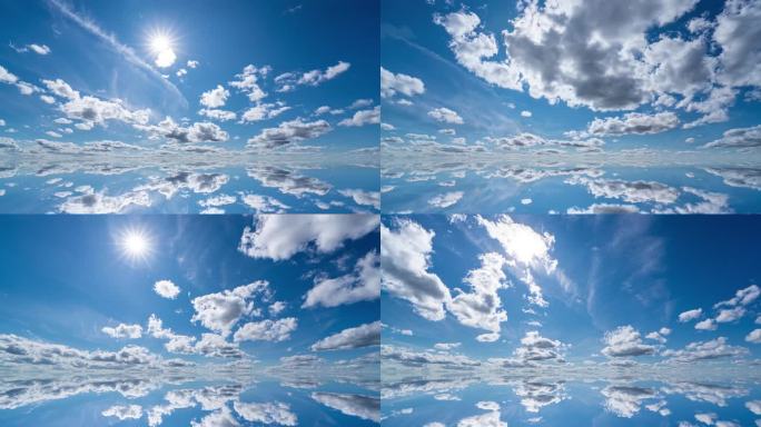 未来主义的背景，包括白色蓬松的云彩在蓝色的天空和他们的反射，视频循环的延时剪辑。4 k