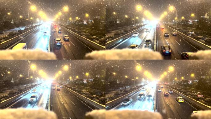 4k中国北京二环雪景车辆交通道路夜景
