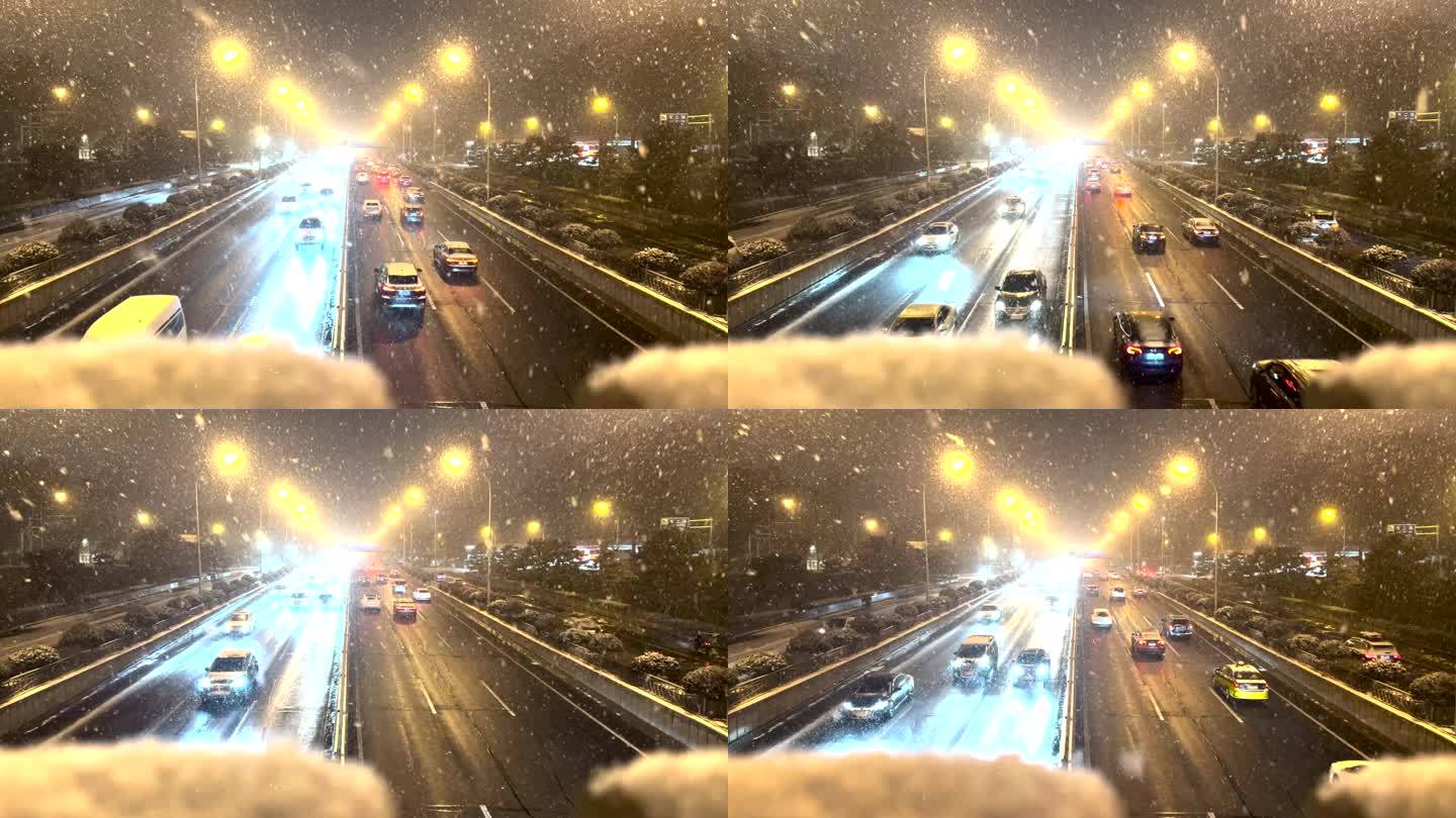 4k中国北京二环雪景车辆交通道路夜景