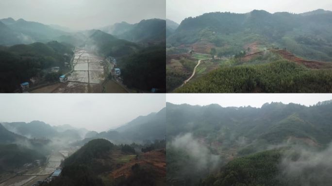 航拍重庆山村雨后烟雾缭绕