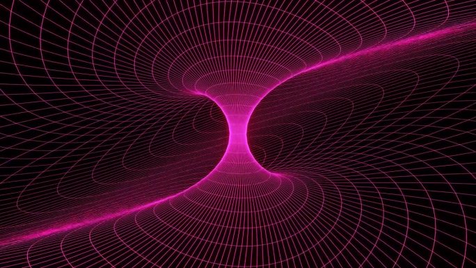 循环3d动画，视觉特效粉红色漩涡网格，科幻。抽象循环背景。技术，VJ概念。明亮的Led灯未来隧道。无