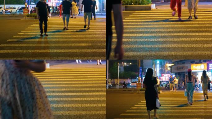 行人过马路夜晚夜景晚上城市交通行人人群人