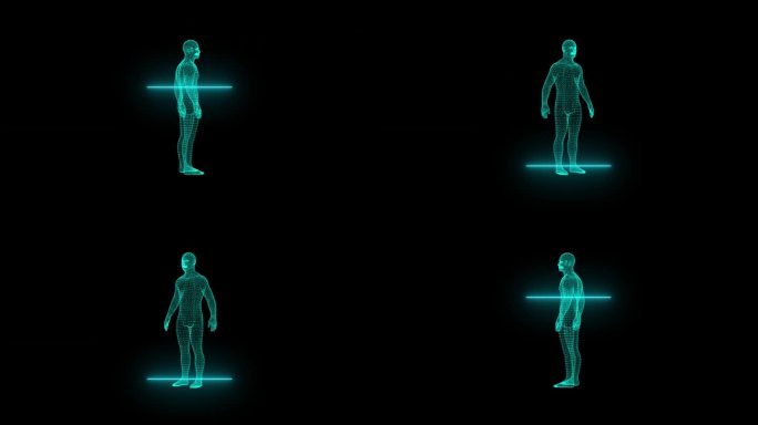 男人，男性身体扫描概念线框图。未来的扫描，全息图，人体x射线，HUD风格的3d模型，散射粒子和光效果