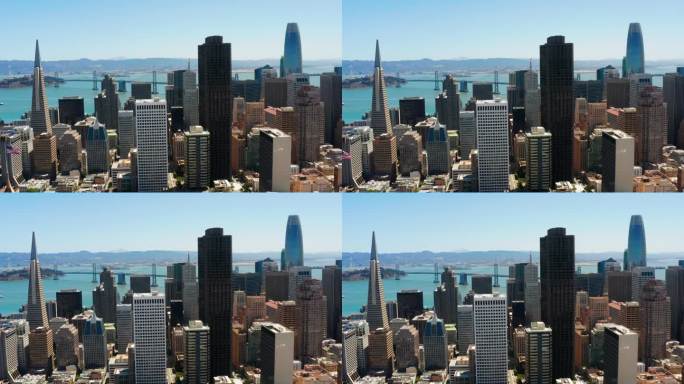 动态无人机推送镜头捕捉旧金山令人惊叹的城市景观。标志性地标和城市美景的鸟瞰图。