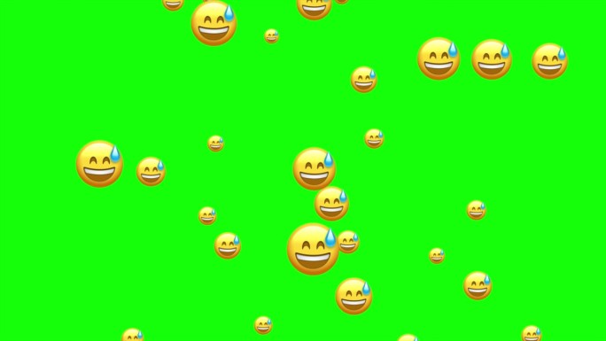 尴尬的emoji。尴尬笑的表情，黄脸带汗滴。社交媒体图标符号动画与绿色屏幕背景。