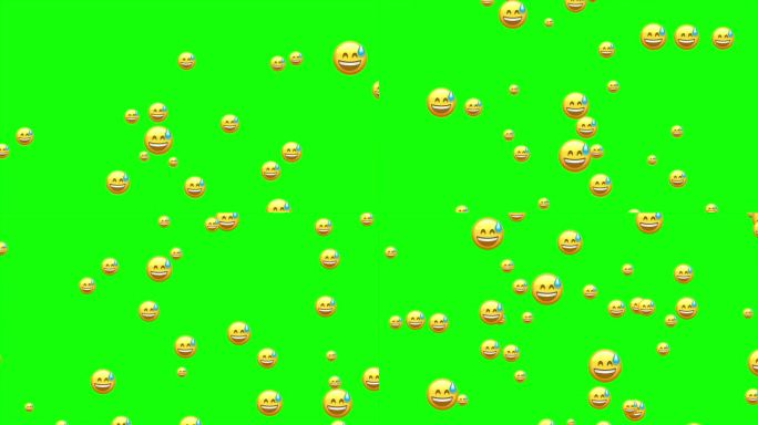 尴尬的emoji。尴尬笑的表情，黄脸带汗滴。社交媒体图标符号动画与绿色屏幕背景。
