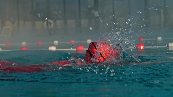 在旅游胜地游泳池游泳时，戴着红帽子的坚定运动女性的超级慢镜头跟踪拍摄