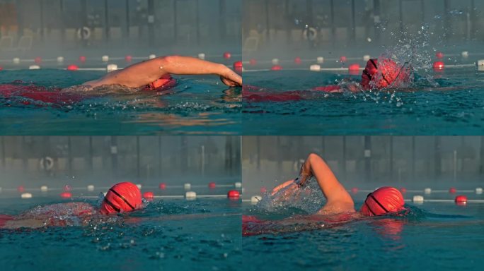 在旅游胜地游泳池游泳时，戴着红帽子的坚定运动女性的超级慢镜头跟踪拍摄