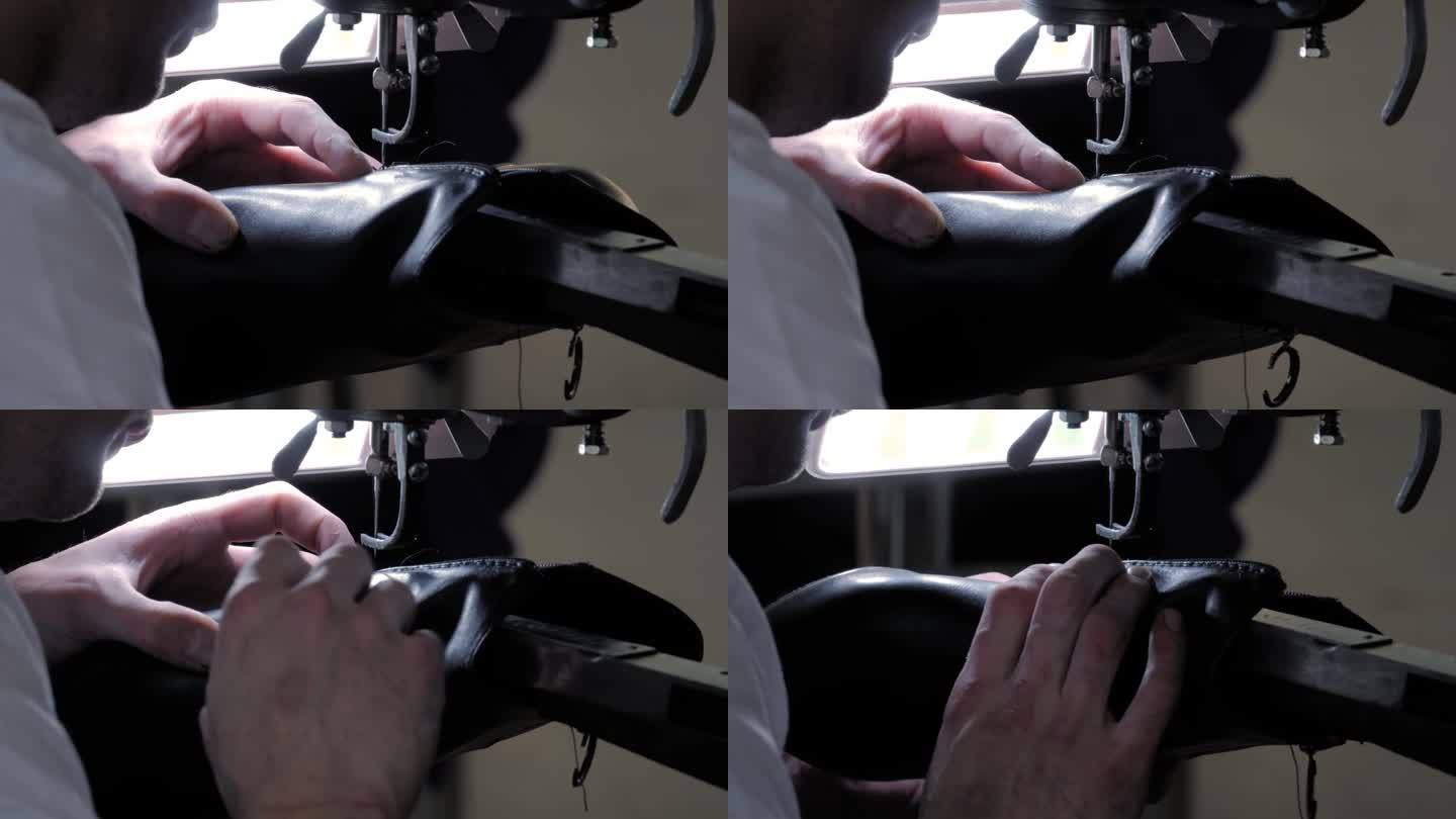 鞋匠使用缝纫机和修补皮革女鞋-近距离