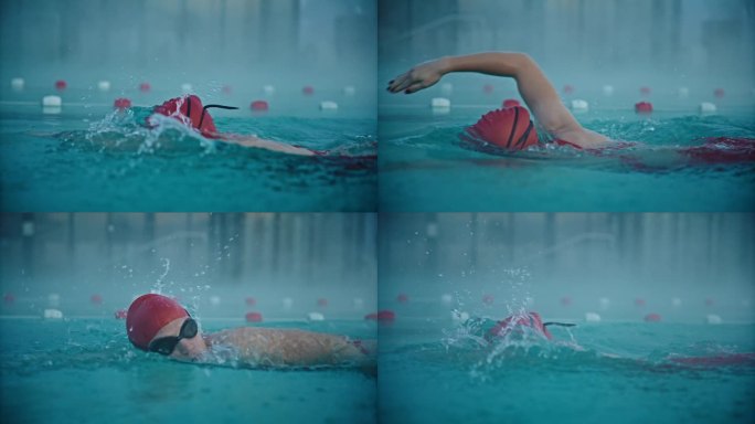 在度假胜地的雾蒙蒙的游泳池里，戴着帽子和护目镜的坚定运动女性游泳