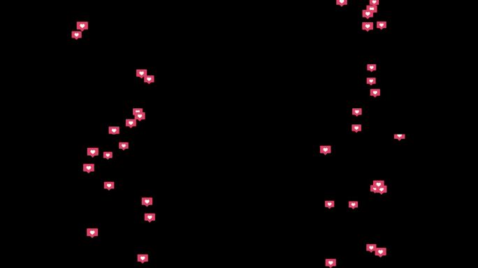 浮动图标与红心的社交网络在一个黑色的背景。动画覆盖背景。像信号。