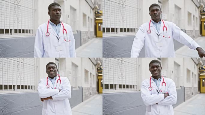 自信的黑人男医生双臂交叉站在城市诊所外，穿着白大褂，戴着听诊器，看起来很专业。