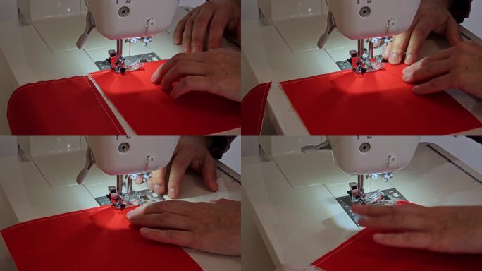 拼布被子的制作过程——缝块。缝纫机在工作。