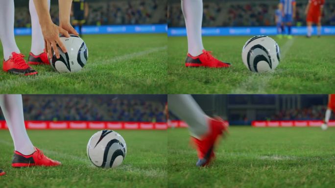 在足球比赛中，球员把足球放在草地上，然后踢给他的队友
