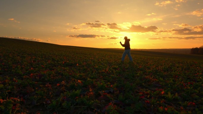 夕阳下，橙色的天空下，年轻的女农学家带着笔记本电脑走在犁地上