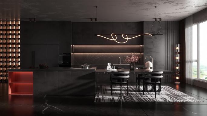 三维室内厨房餐厅别墅场景渲染，产品渲染