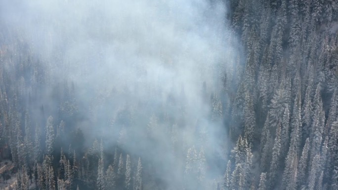 无人机拍摄的画面倾斜在白雪皑皑的林地上，由于冬季野火而冒烟