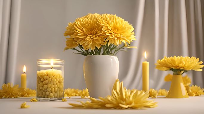黄色白色菊花祭拜蜡烛