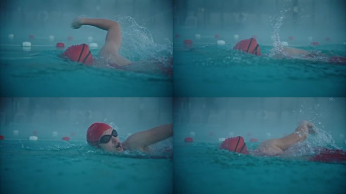 坚定的运动女子戴着帽子和护目镜在度假村的雾蒙蒙的游泳池游泳的SLO MO跟踪镜头