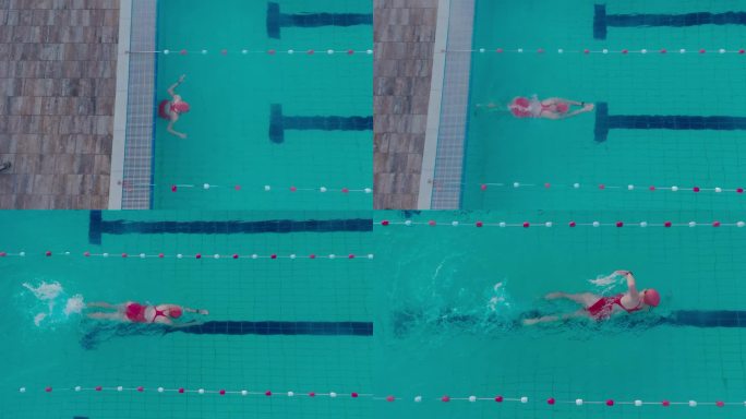 正上方的照片是一名穿着红色泳衣的女子在户外度假胜地的游泳池里游泳
