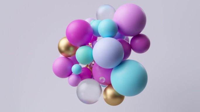 循环3d动画，抽象现代几何壁纸。粉蓝金什锦玻璃球。由混沌的多色粒子组成的团块，在白色背景上孤立地粘在