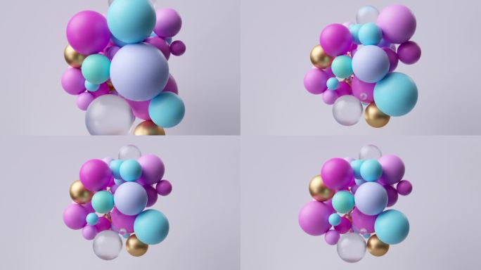 循环3d动画，抽象现代几何壁纸。粉蓝金什锦玻璃球。由混沌的多色粒子组成的团块，在白色背景上孤立地粘在