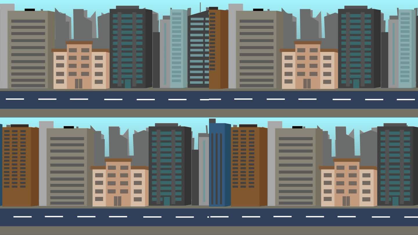 卡通2D平面空城市侧视图视差动画背景