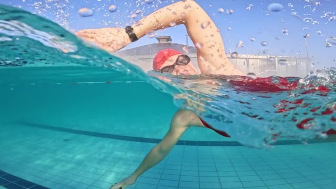 穿着红色潜水服的运动年轻女子在度假村游泳池游泳的部分水下跟踪镜头