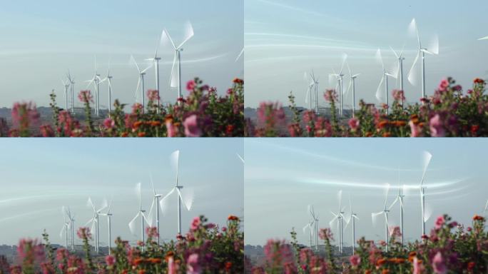 风力涡轮机旋转与未来技术的虚拟数字效果在风车农场。