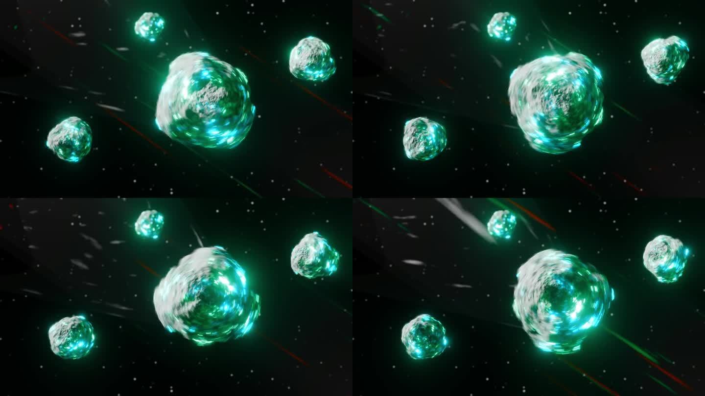 小行星穿过太空飞向地球。无缝循环3d动画。外太空。空间和科学概念。青色辉光