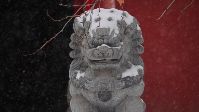 白雪覆盖的狮子雕像，中国
