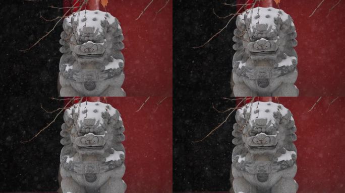 白雪覆盖的狮子雕像，中国