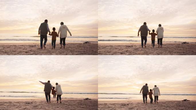 手牵着手，夕阳西下，祖父母带着孩子在沙滩上玩耍，增进感情或度假。回来了，家人和老人，女人和一个孩子在