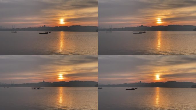 西湖风景清晨日出朝阳岁月静好船只素材