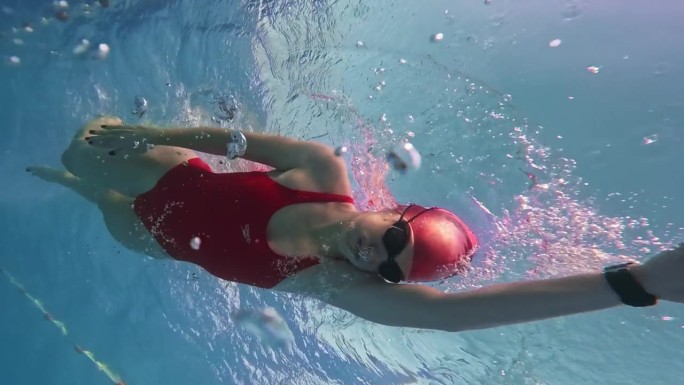 在阳光明媚的日子里，坚定的运动女子在游泳池游泳的低角度水下跟踪镜头