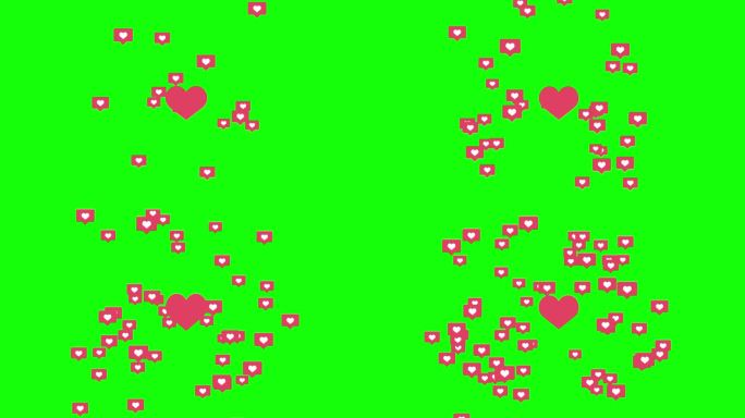 红色的心与飞行小图标的社交网络在绿色的背景。动画背景。像信号。