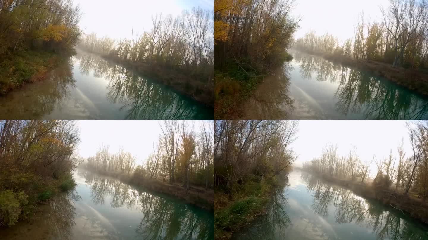 FPV无人机拍摄的西班牙阿拉贡特鲁埃尔阿瓜维瓦附近的贝格尔蒂斯河。飞得离河很近，在日出的地方你可以看