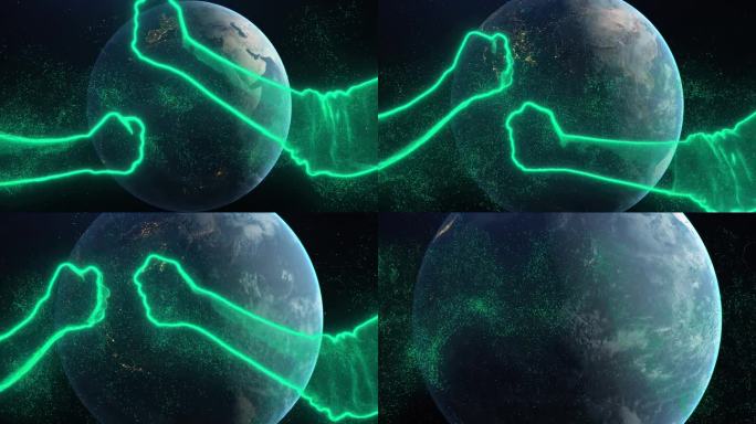 最好的朋友在太空中握手，在行星之间放大，在地球旋转，星星，两个绿色的拳头碰撞。抽象，3d渲染，霓虹灯