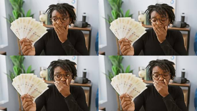 震惊的年轻黑人妇女在办公室，手捂着嘴，拿着丹麦克朗钞票，默默地表达了对错误的惊讶和恐惧