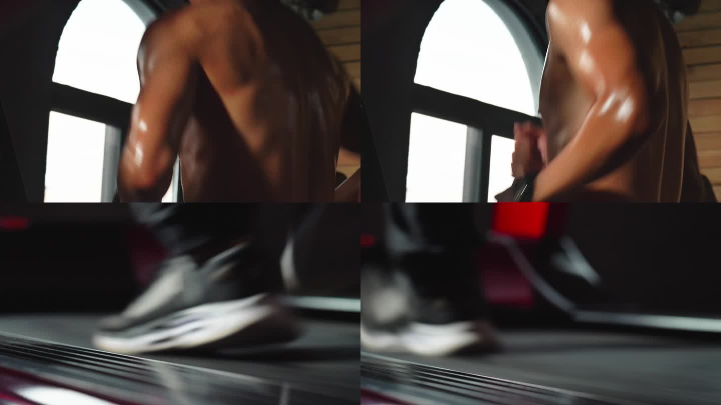 在健身房跑步机跑步的肌肉男人 健身训练