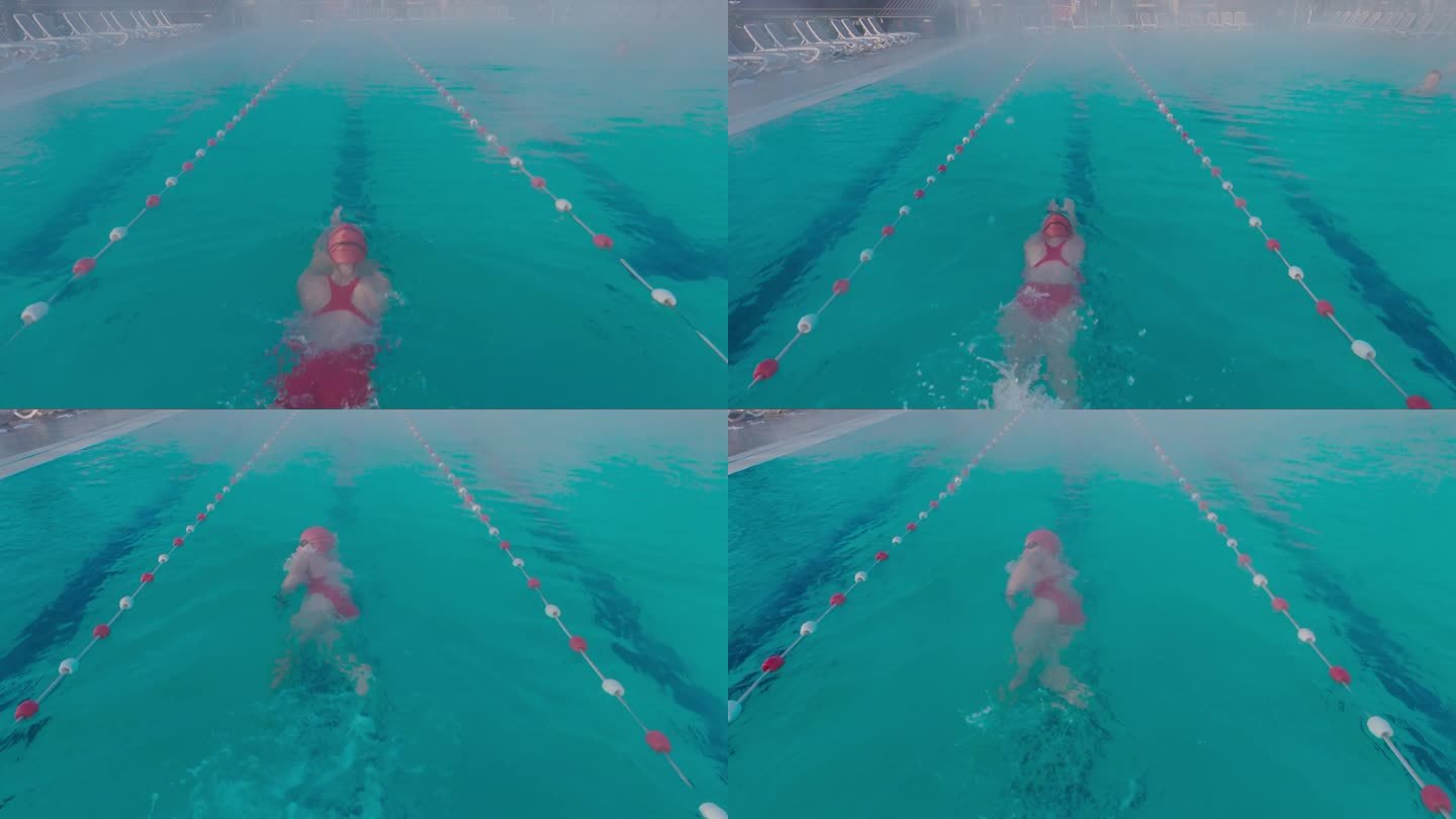 在户外度假胜地雾蒙蒙的游泳池里游泳的坚定的年轻女子的后视图跟踪拍摄