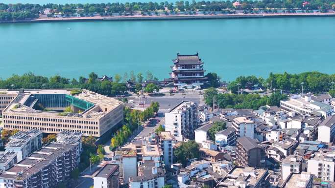 湖南长沙湘江杜甫江阁茶馆航拍城市地标风景