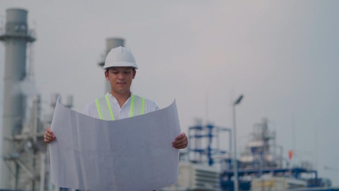 工业工程师戴安全帽，在电厂附近工作，在施工现场检查建筑图纸。
