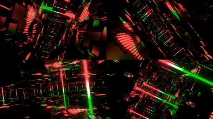 循环3d动画，VFX红绿隧道与多边形帧，科幻。抽象循环背景。技术，VJ概念。Led灯。明亮的未来隧道
