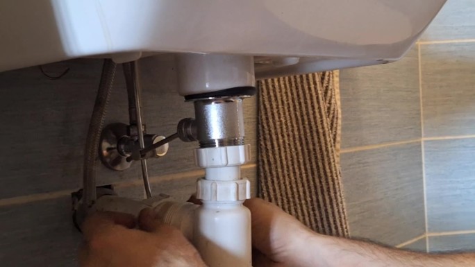 水管工在修理污水的隔臭器。一个男人的手在浴室的洗脸盆下面固定装置。家政、工艺和建筑的概念。